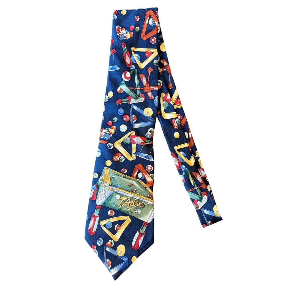TABASCO Men's Blue Multicolor Billiards Novelty Logo Pointed Style Tie